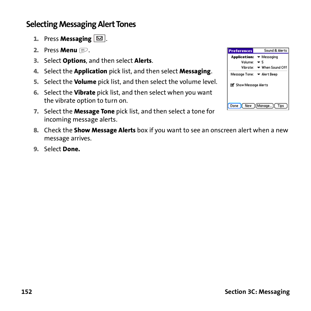 Palm PTR690HKP manual Selecting Messaging Alert Tones, 152 