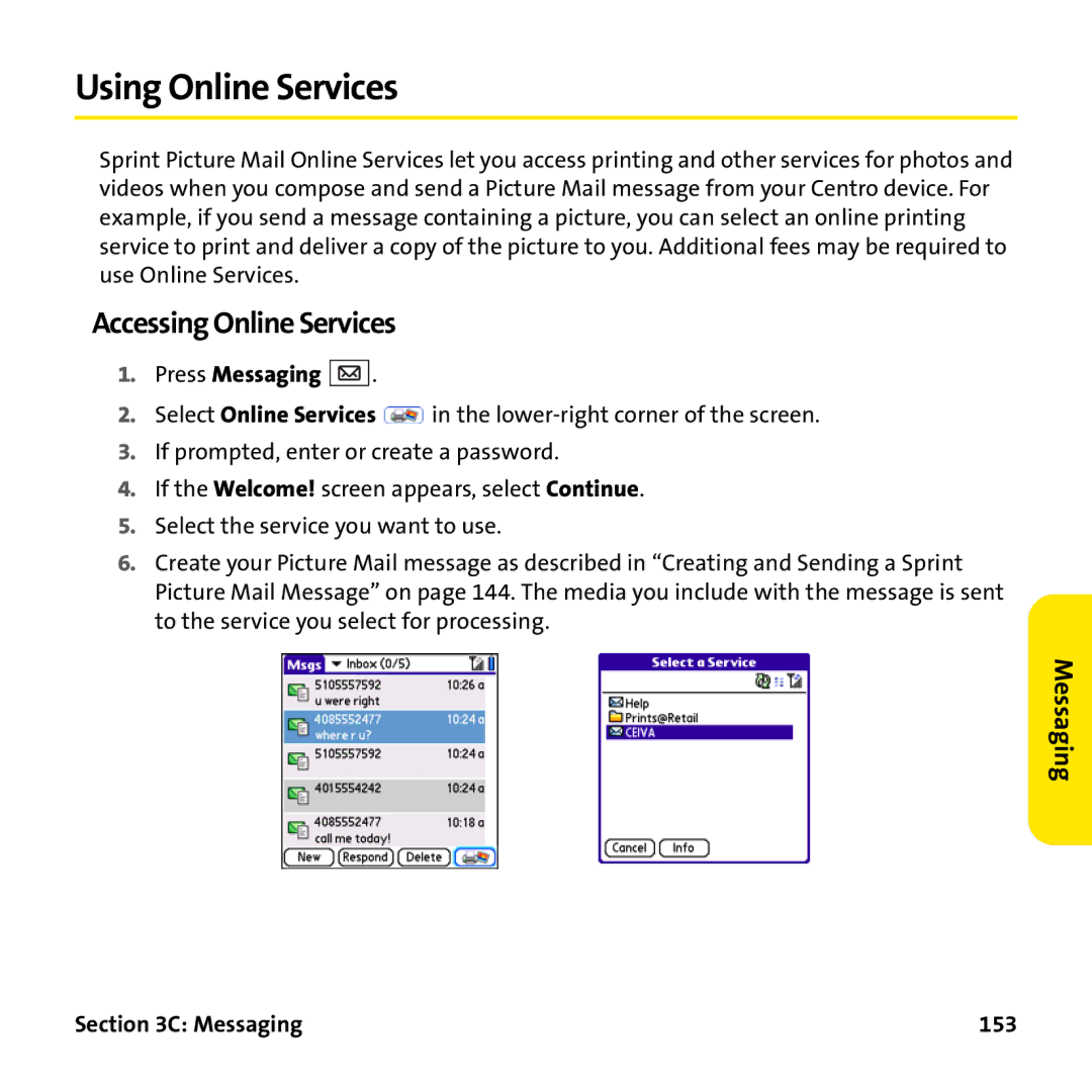 Palm PTR690HKP manual Using Online Services, Accessing Online Services, Messaging 153 