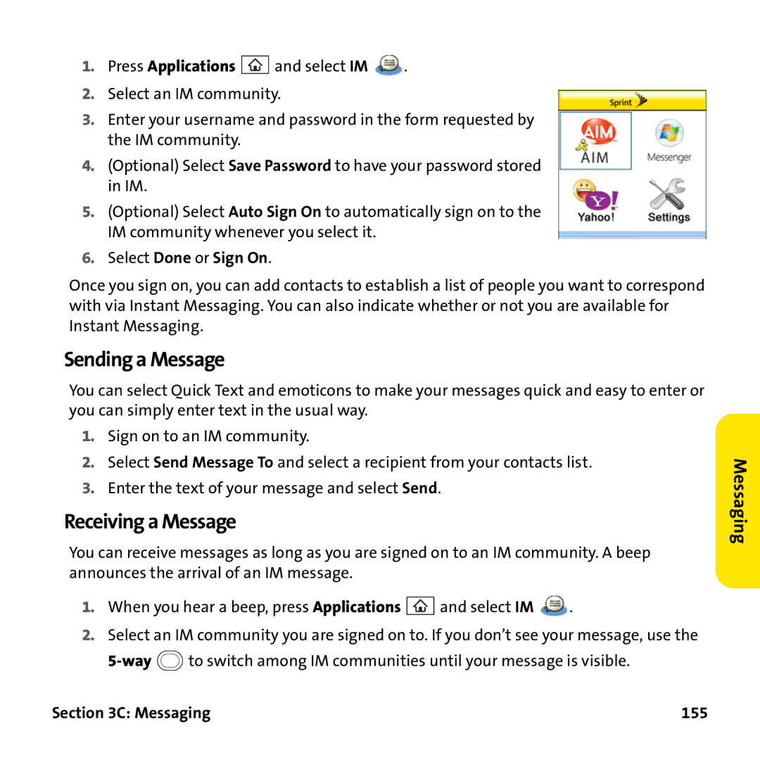 Palm PTR690HKP manual Sending a Message, Receiving a Message, Select Done or Sign On, Messaging 155 