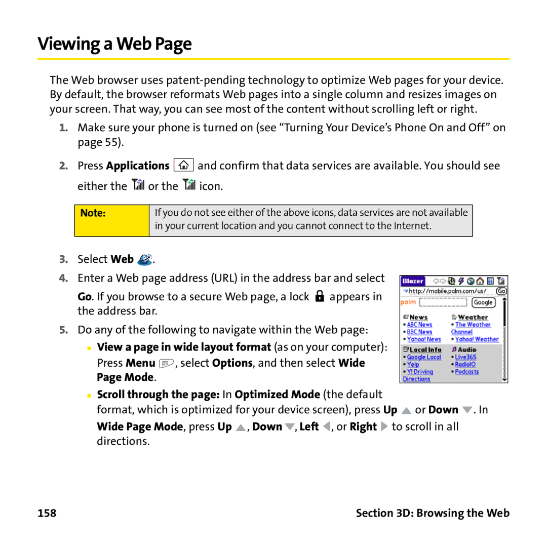 Palm PTR690HKP manual Viewing a Web, View a page in wide layout format as on your computer, 158 