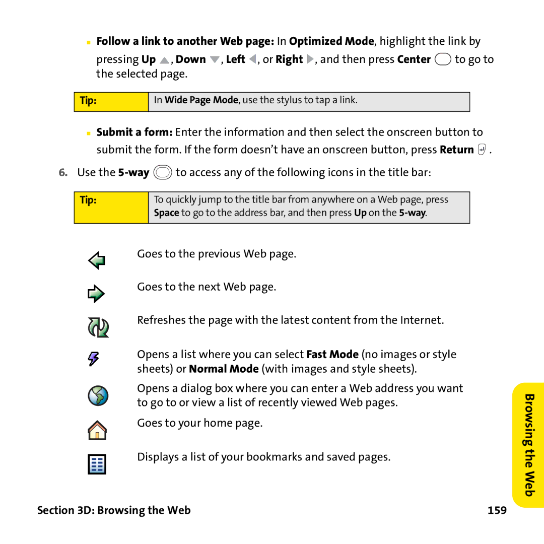 Palm PTR690HKP manual Tip, Browsing the Web 159 