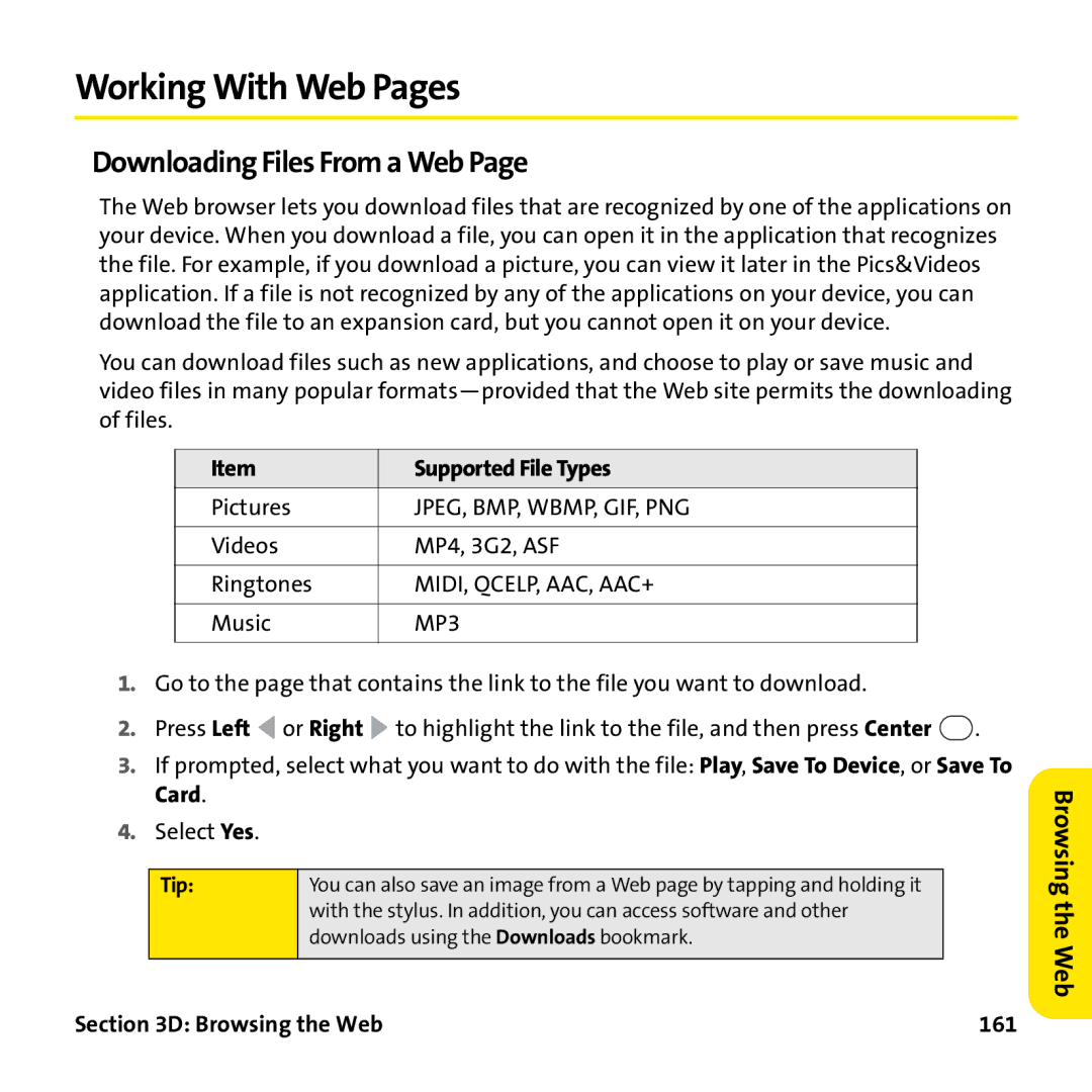 Palm PTR690HKP manual Working With Web Pages, Downloading Files From a Web, Supported File Types, Browsing the Web 161 