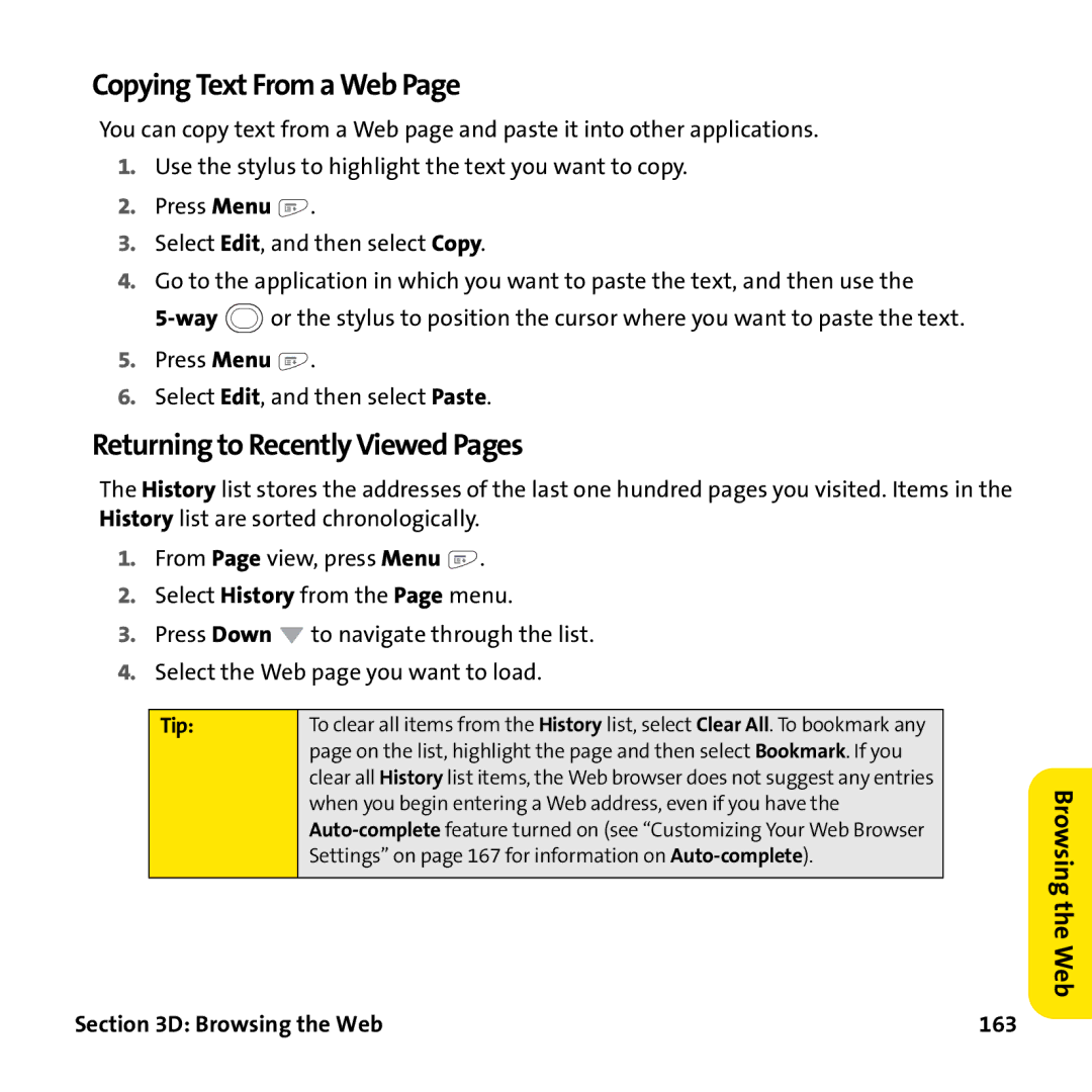 Palm PTR690HKP manual Copying Text From a Web, Returning to Recently Viewed Pages, Browsing the Web 163 