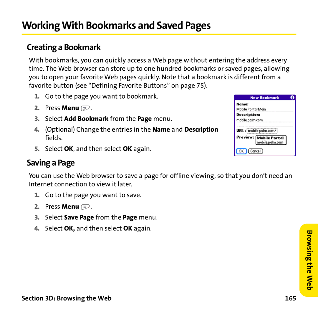 Palm PTR690HKP manual Working With Bookmarks and Saved Pages, Creating a Bookmark, Saving a, Browsing the Web 165 