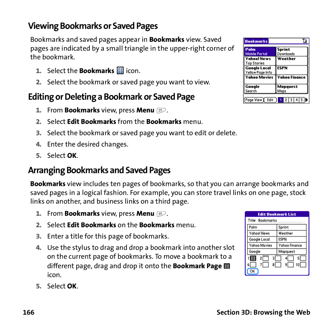 Palm PTR690HKP manual Viewing Bookmarks or Saved Pages, Editing or Deleting a Bookmark or Saved 