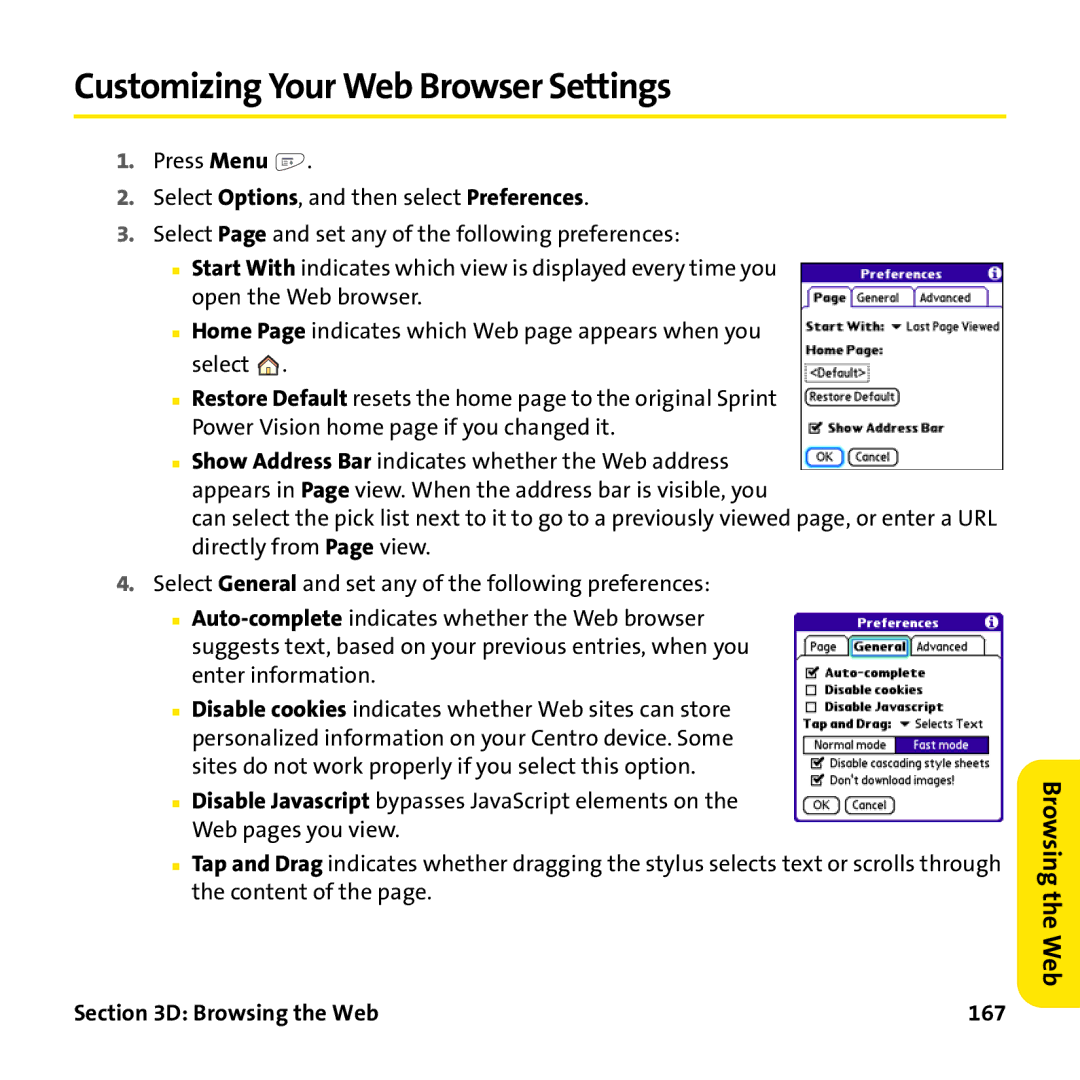 Palm PTR690HKP manual Customizing Your Web Browser Settings, Browsing the Web 167 