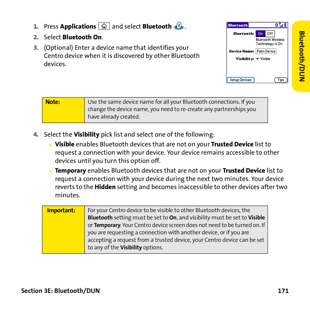 Palm PTR690HKP manual Press Applications and select Bluetooth Select Bluetooth On, Bluetooth/DUN 171 
