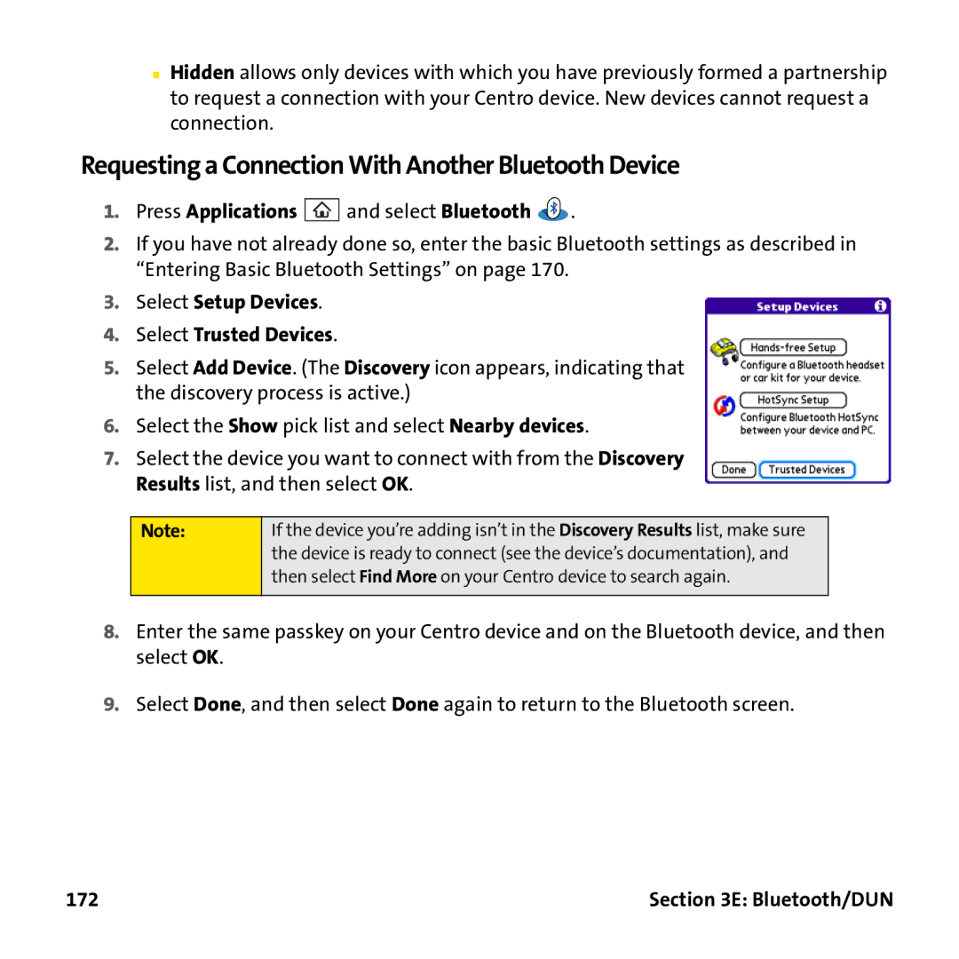 Palm PTR690HKP manual Requesting a Connection With Another Bluetooth Device, Press Applications and select Bluetooth, 172 