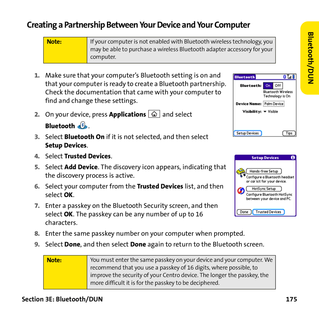 Palm PTR690HKP manual Creating a Partnership Between Your Device and Your Computer, Bluetooth/DUN 175 