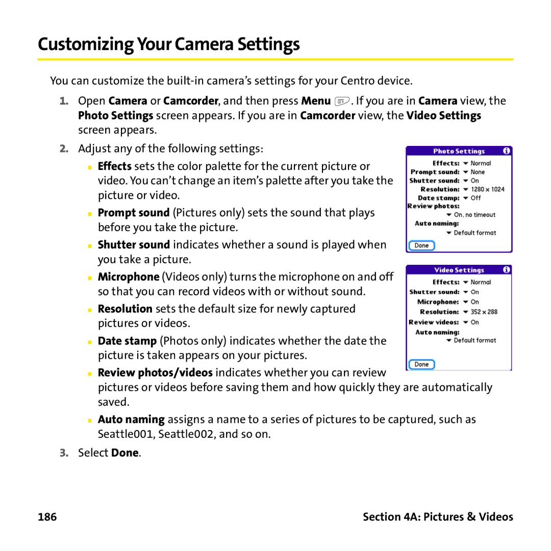 Palm PTR690HKP manual Customizing Your Camera Settings, 186 