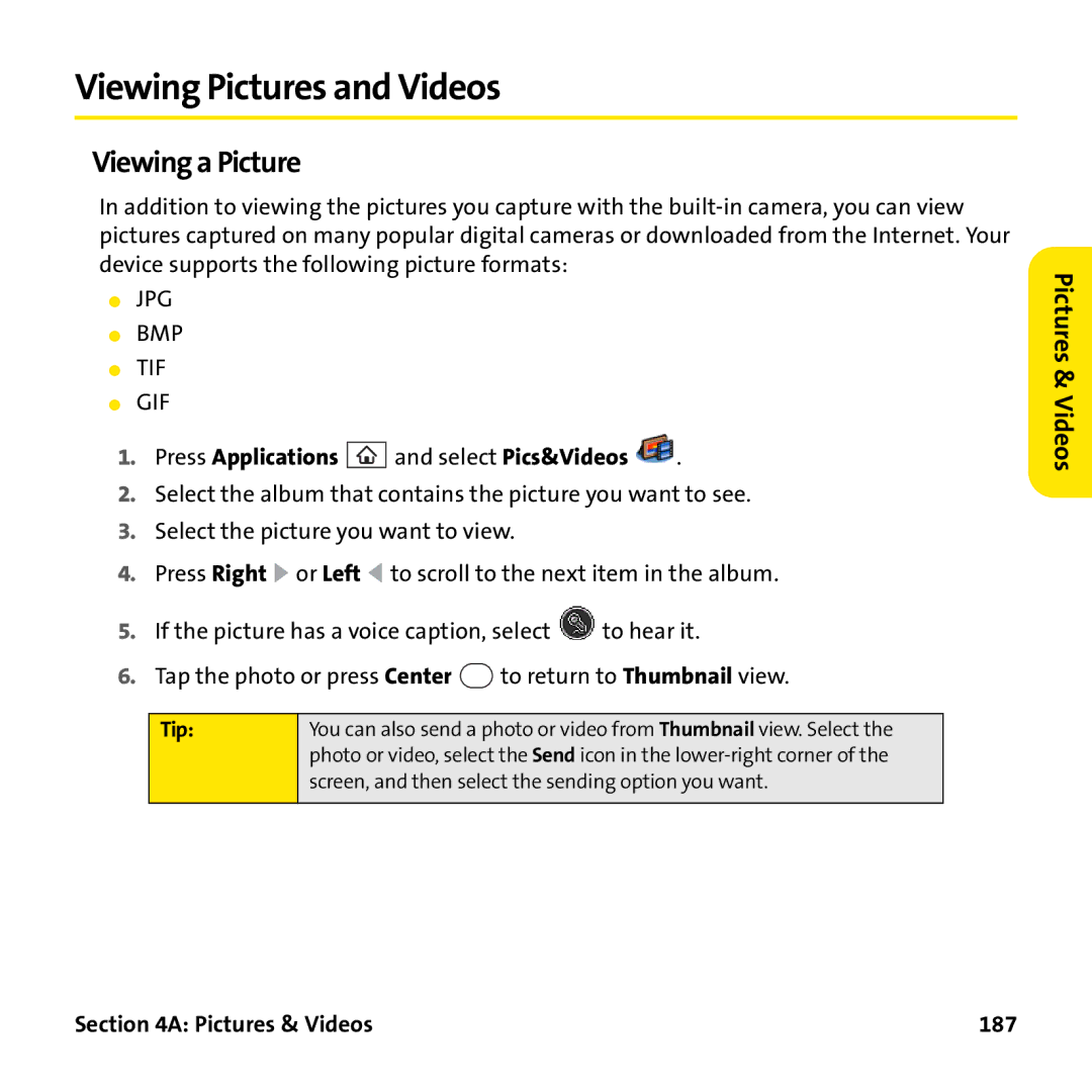 Palm PTR690HKP manual Viewing Pictures and Videos, Viewing a Picture, Press Applications and select Pics&Videos 