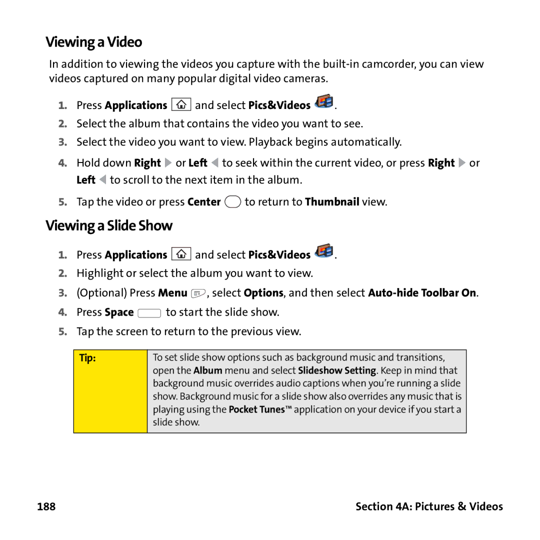 Palm PTR690HKP manual Viewing a Video, Viewing a Slide Show, 188 