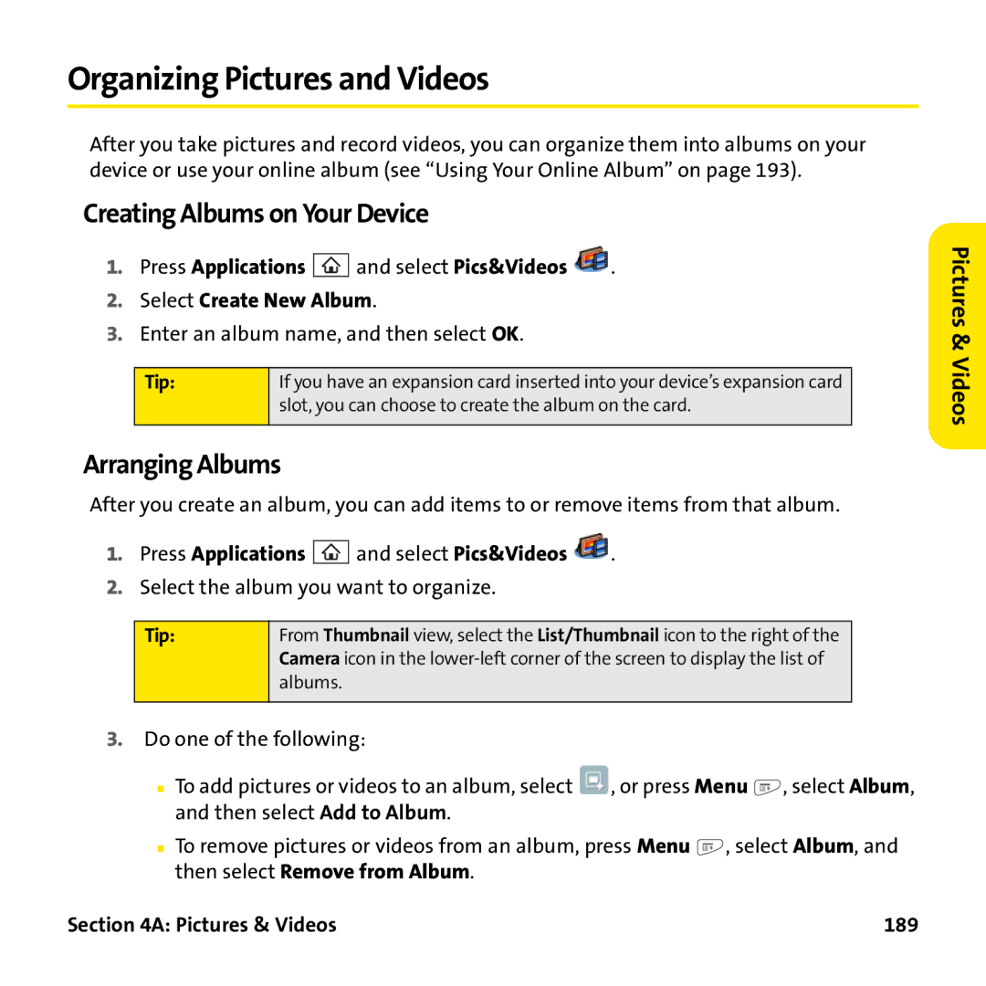 Palm PTR690HKP Organizing Pictures and Videos, Creating Albums on Your Device, Arranging Albums, Pictures & Videos 189 