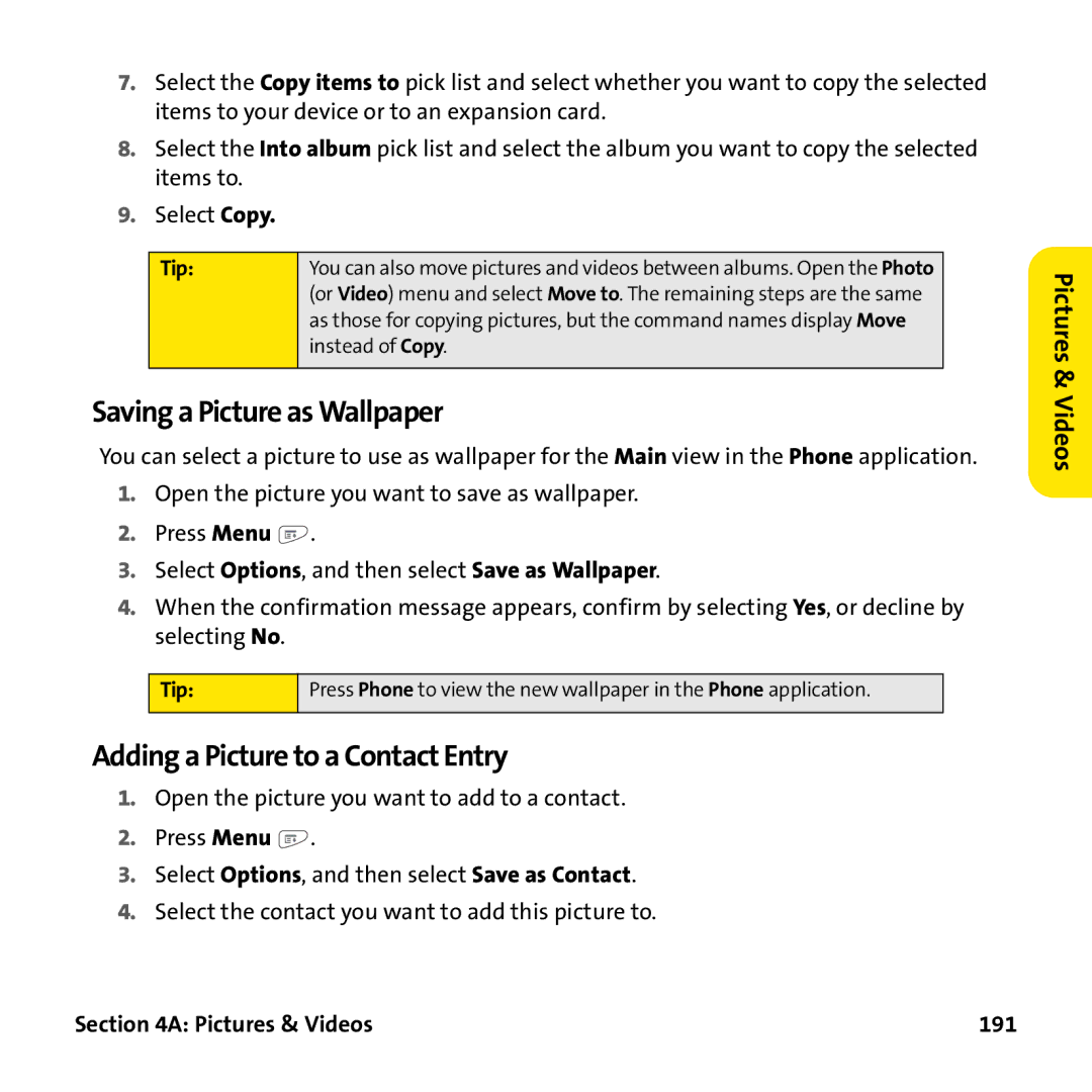 Palm PTR690HKP manual Saving a Picture as Wallpaper, Adding a Picture to a Contact Entry, Pictures & Videos 191 