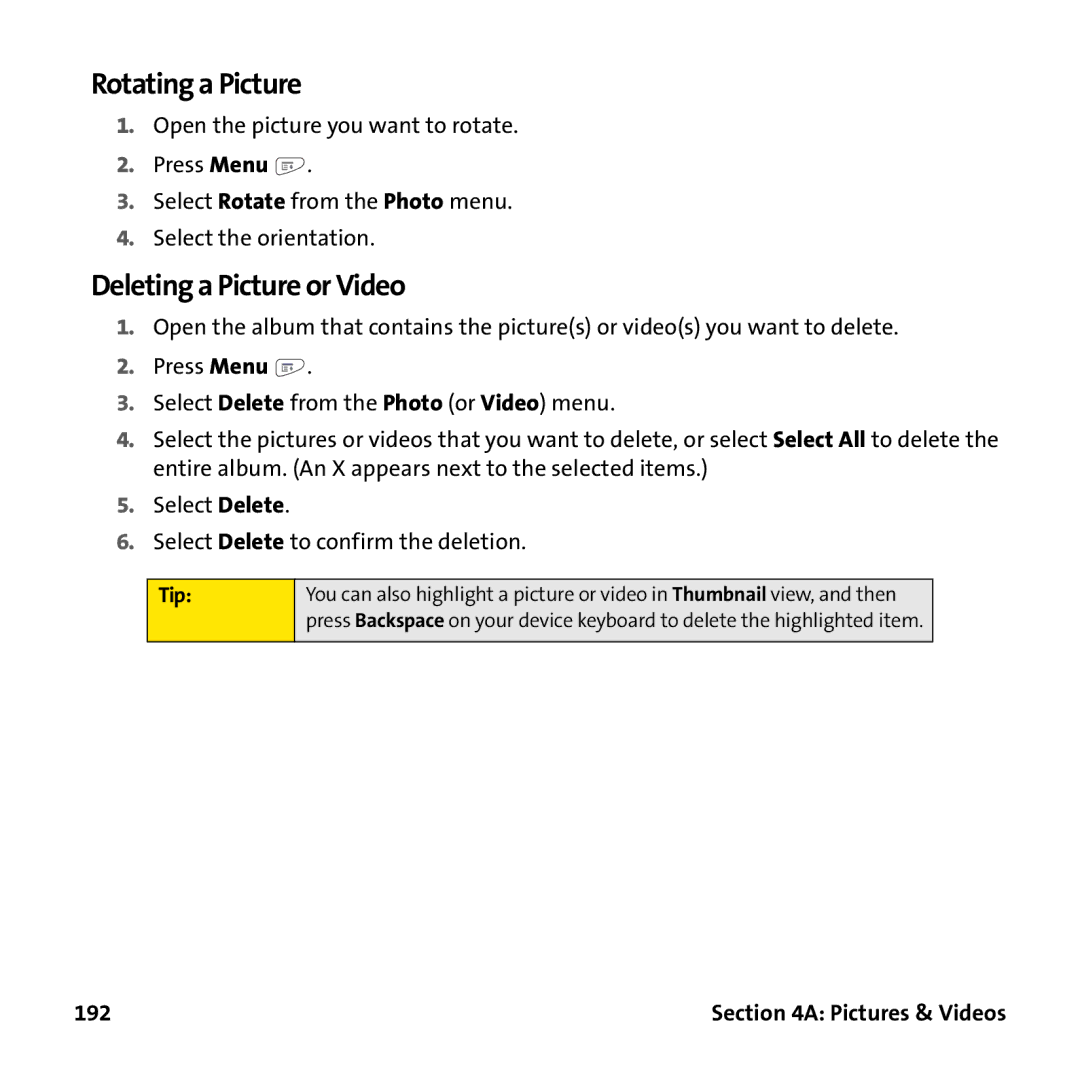 Palm PTR690HKP manual Rotating a Picture, Deleting a Picture or Video, 192 