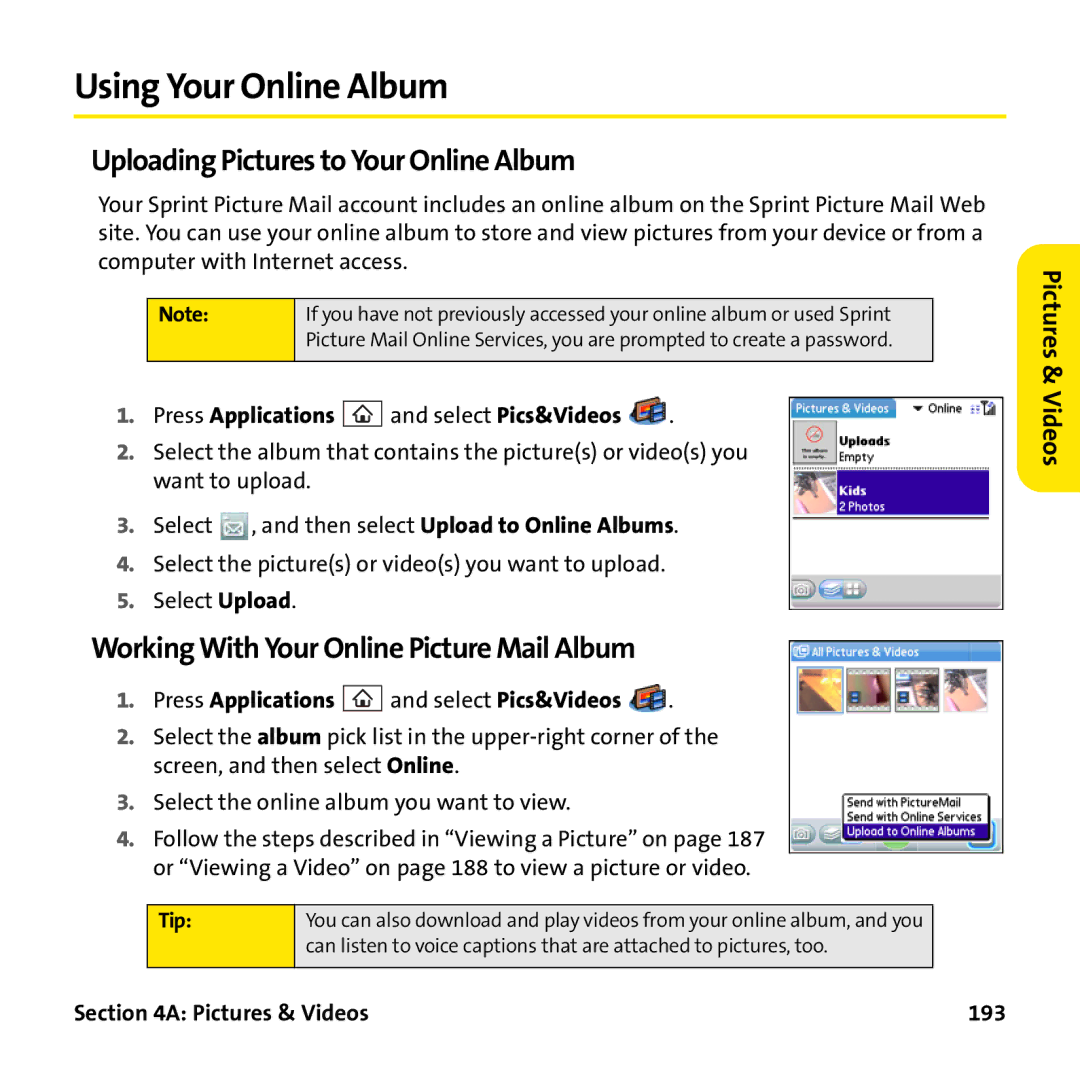 Palm PTR690HKP manual Using Your Online Album, Uploading Pictures to Your Online Album, Pictures & Videos 193 