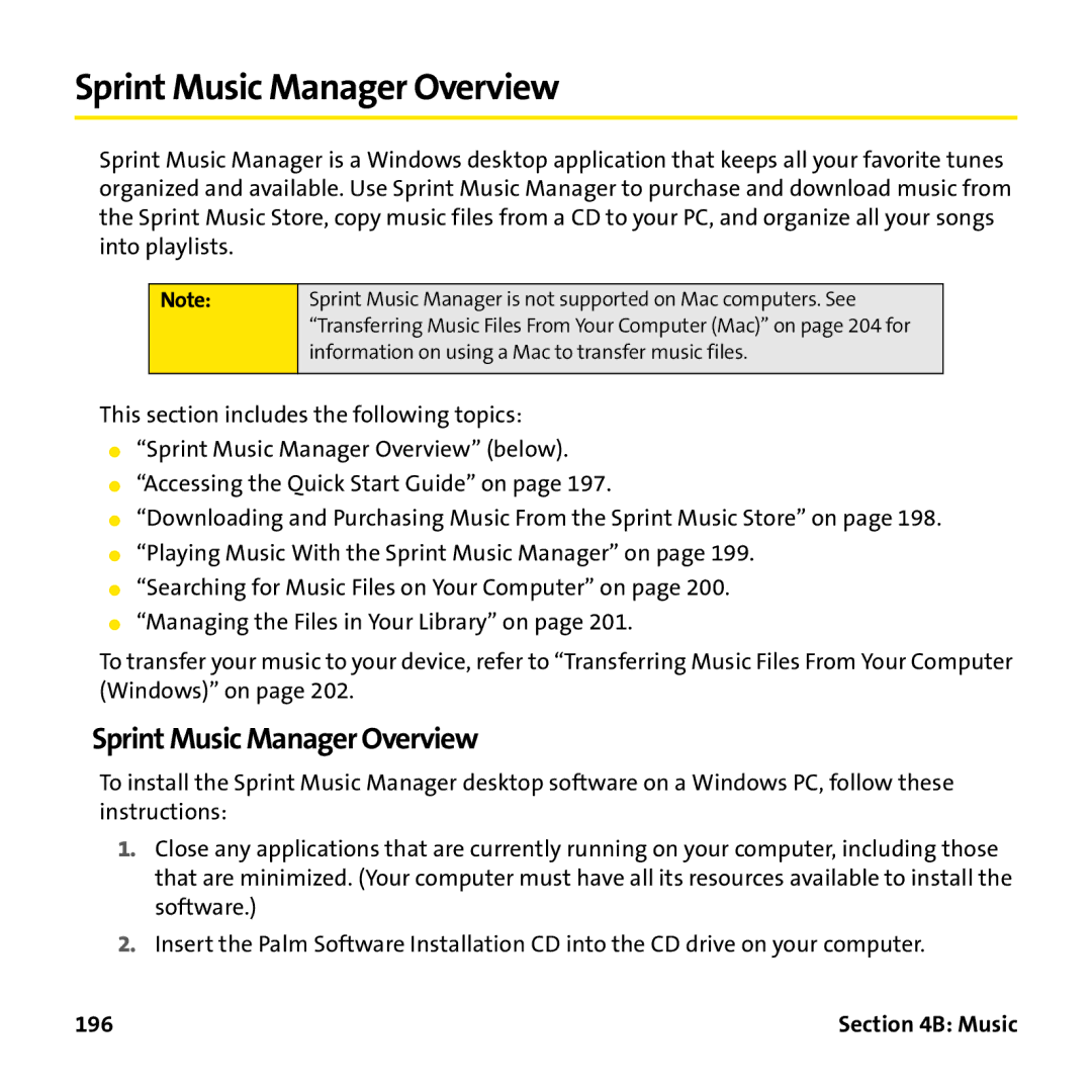 Palm PTR690HKP manual Sprint Music Manager Overview, 196 