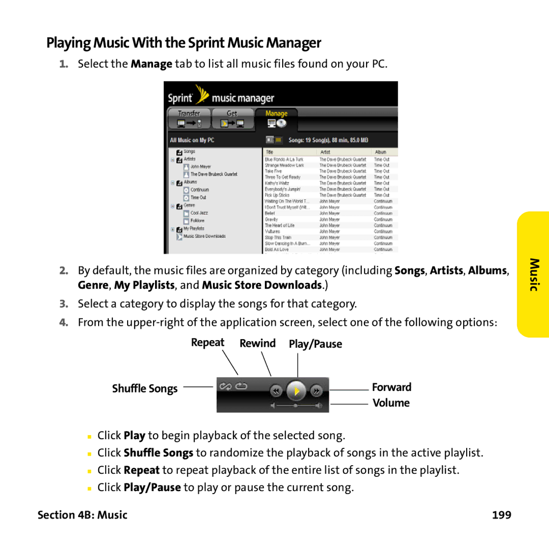 Palm PTR690HKP manual Playing Music With the Sprint Music Manager, Repeat Rewind Play/Pause, Music 199 