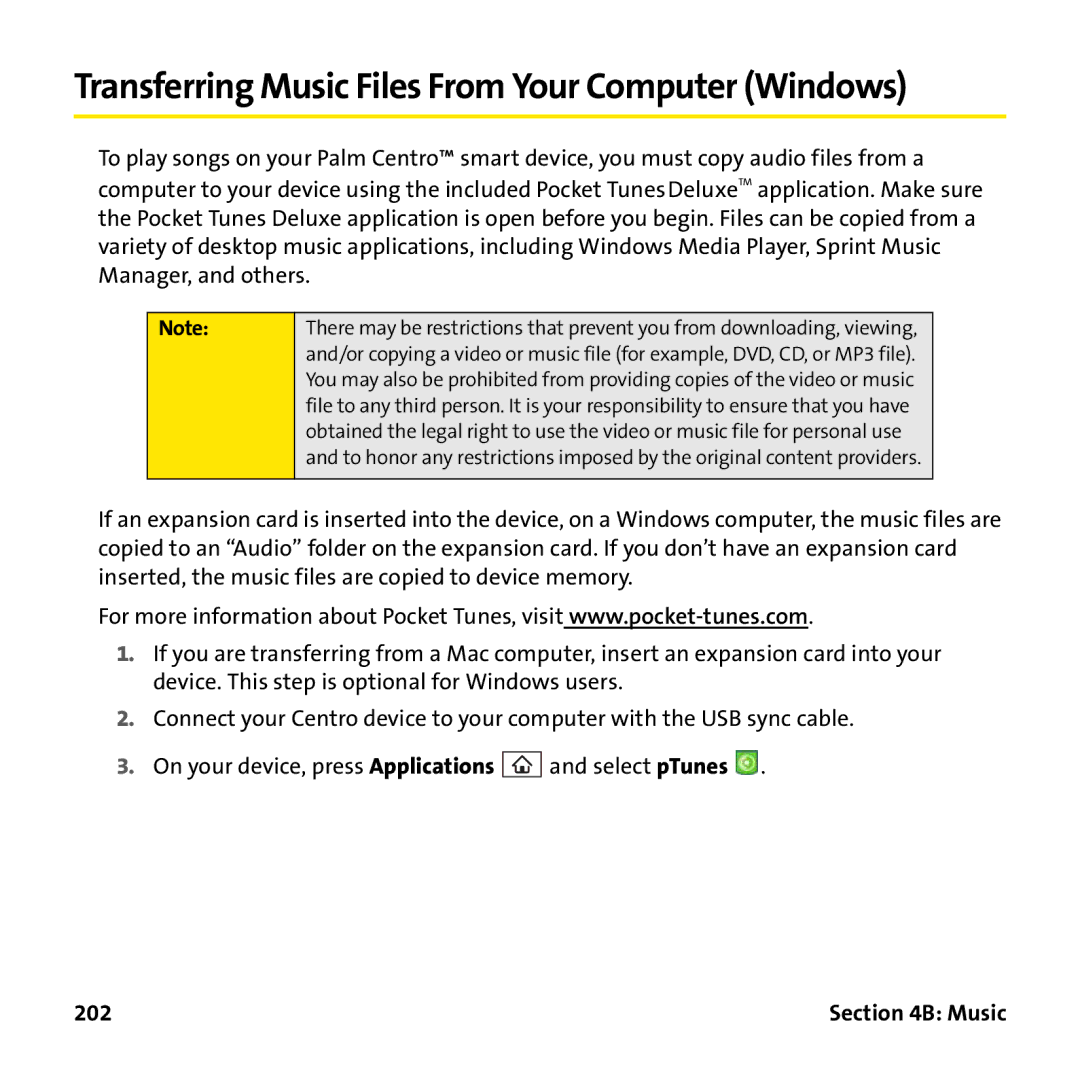 Palm PTR690HKP manual Transferring Music Files From Your Computer Windows, 202 