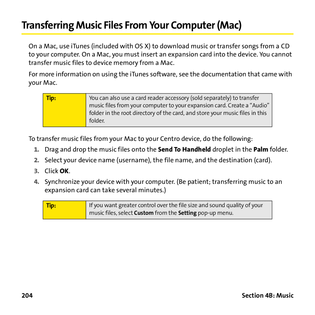 Palm PTR690HKP manual Transferring Music Files From Your Computer Mac, 204 