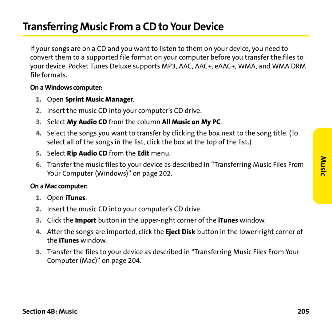 Palm PTR690HKP Transferring Music From a CD to Your Device, On a Windows computer Open Sprint Music Manager, Music 205 