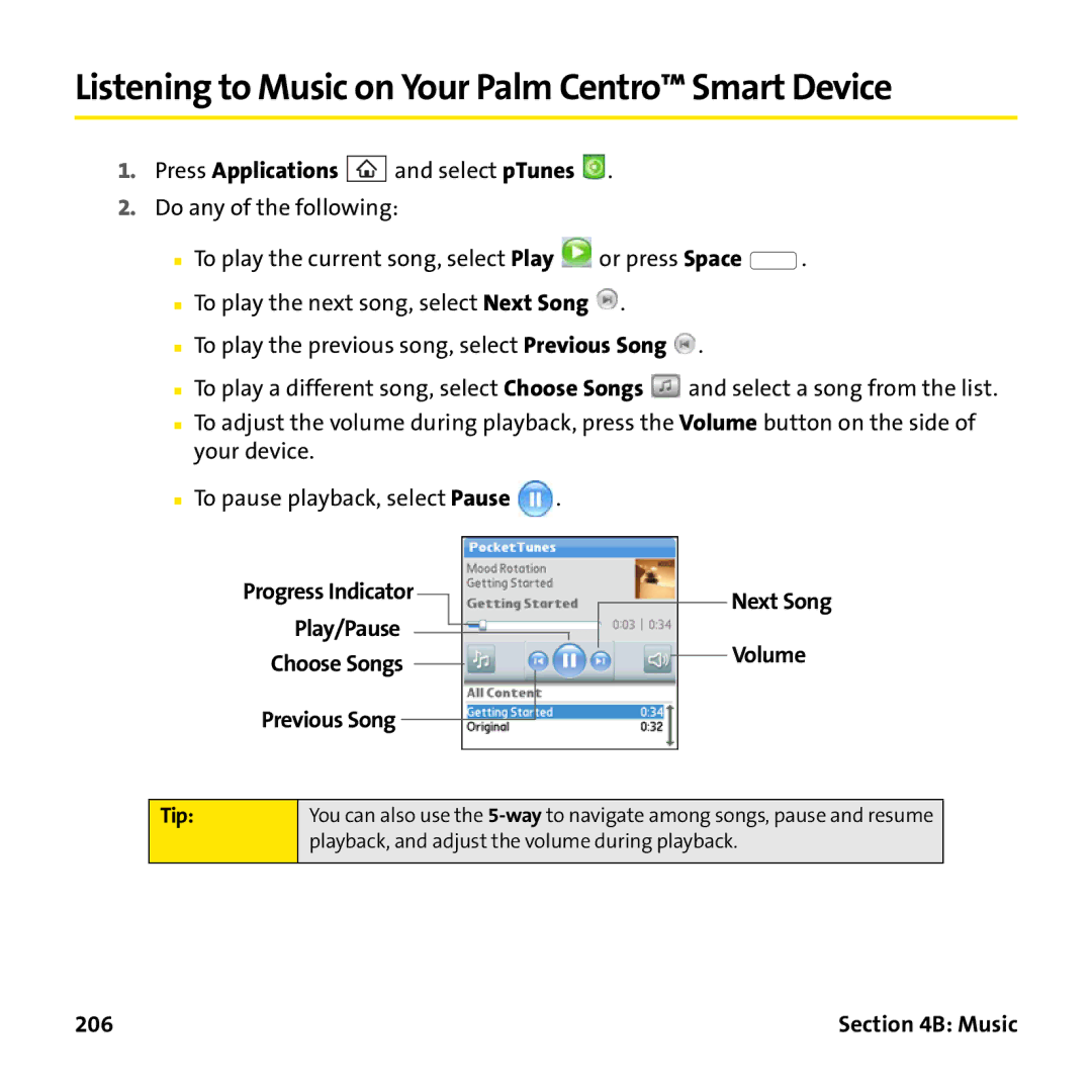 Palm PTR690HKP manual Listening to Music on Your Palm Centro Smart Device, Press Applications and select pTunes, 206 