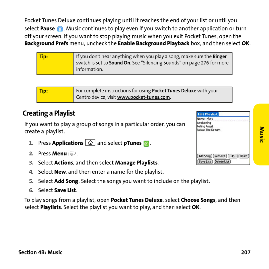 Palm PTR690HKP manual Creating a Playlist, Select Save List, Music 207 