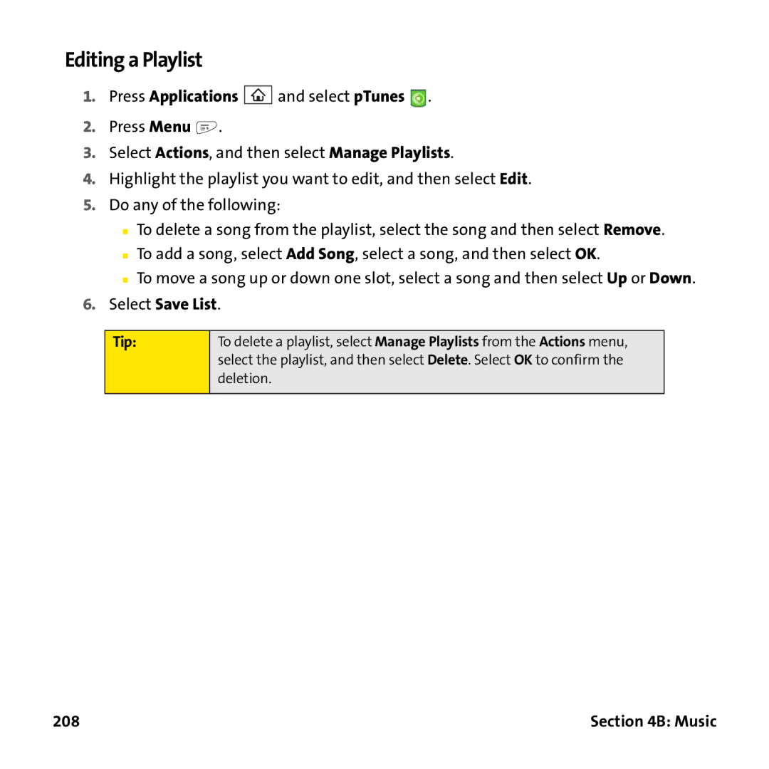 Palm PTR690HKP manual Editing a Playlist, Select Save List Tip, 208 