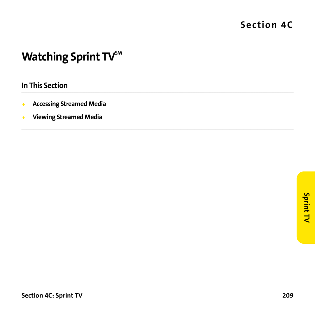 Palm PTR690HKP manual Watching Sprint Tvsm, Accessing Streamed Media Viewing Streamed Media, Sprint TV 209 