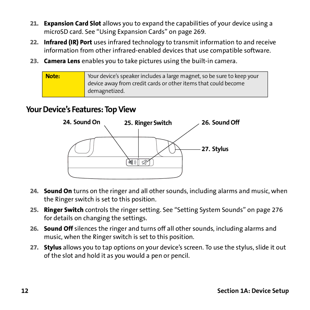 Palm PTR690HKP manual Your Device’s Features Top View, Sound On Ringer Switch, Stylus 