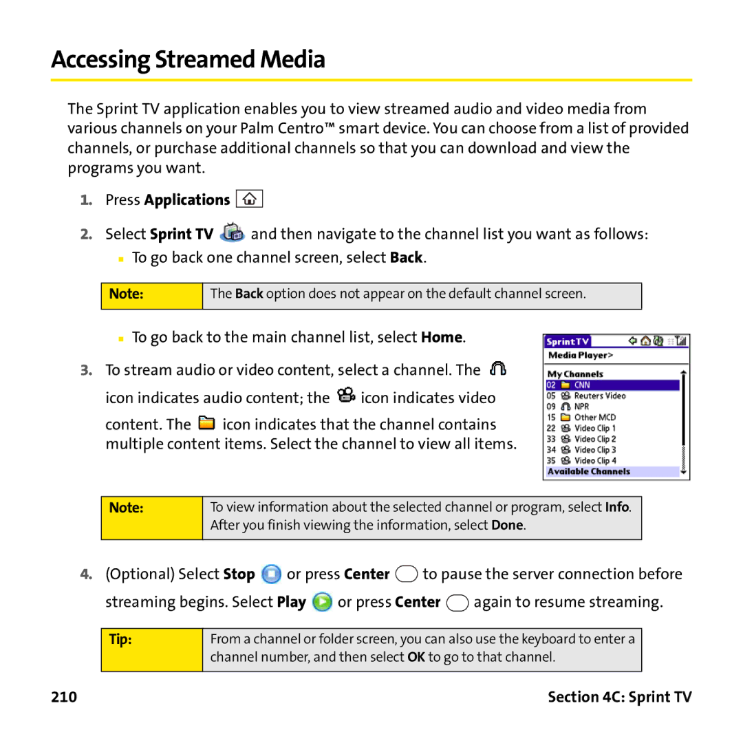 Palm PTR690HKP manual Accessing Streamed Media, 210 