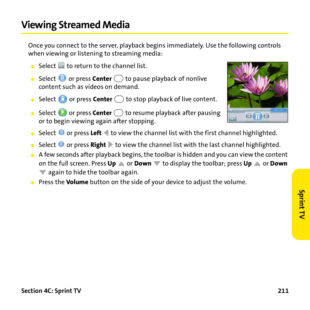 Palm PTR690HKP manual Viewing Streamed Media, Sprint TV 211 