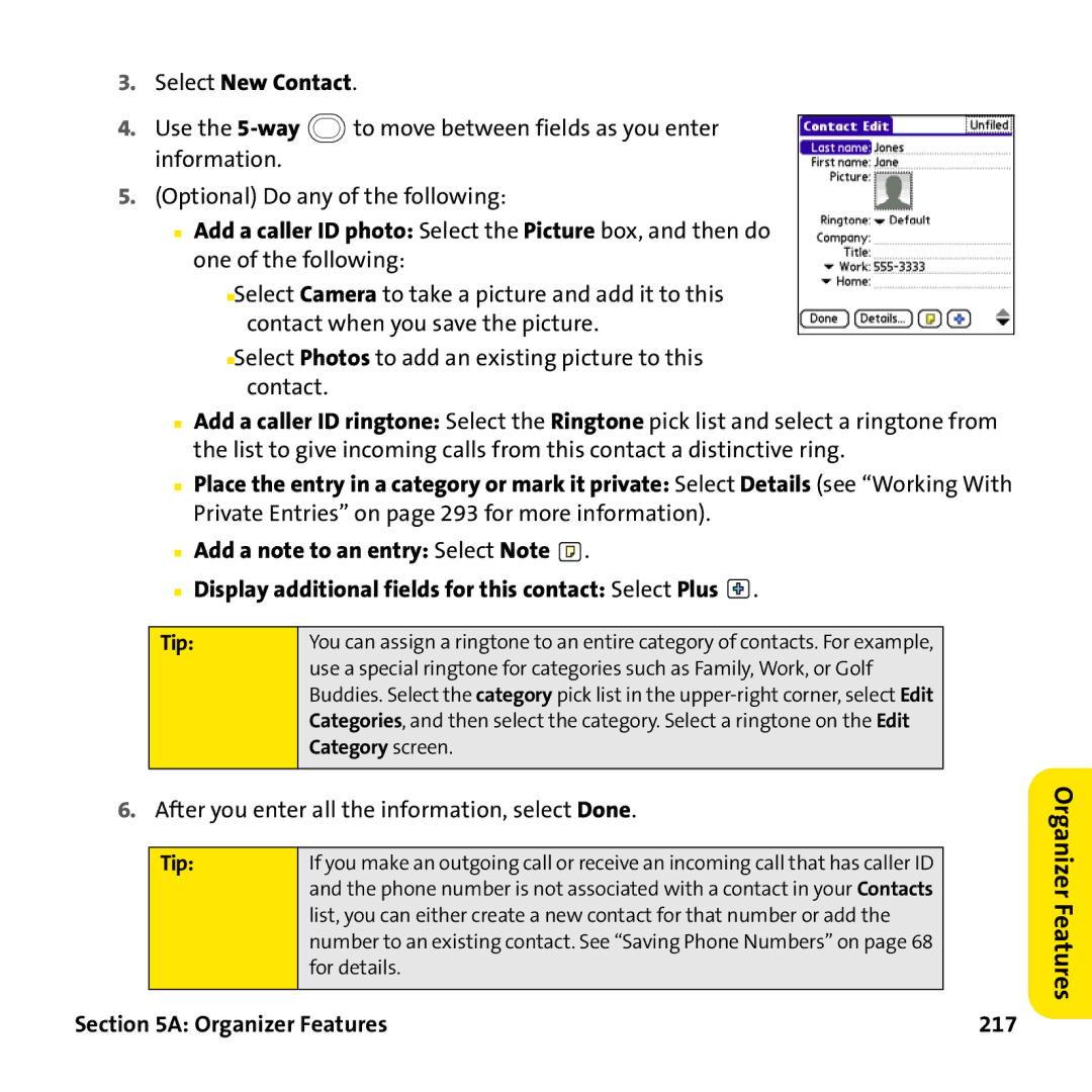 Palm PTR690HKP manual Select New Contact, Organizer Features 217 