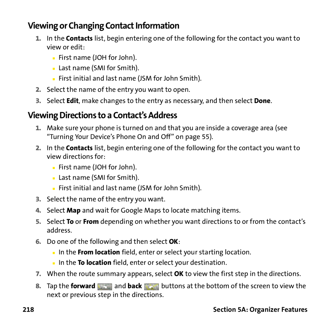 Palm PTR690HKP manual Viewing or Changing Contact Information, Viewing Directions to a Contact’s Address, 218 