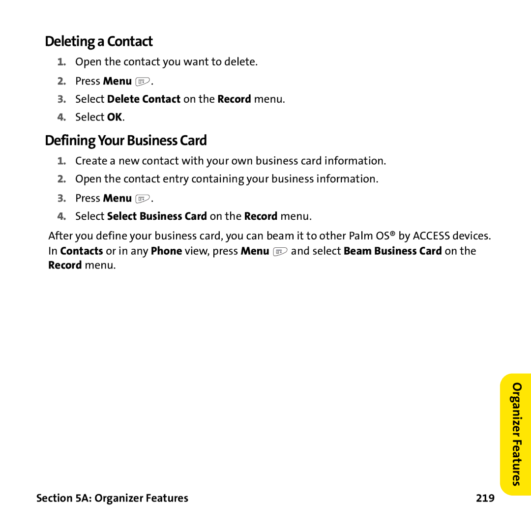 Palm PTR690HKP manual Deleting a Contact, Defining Your Business Card 