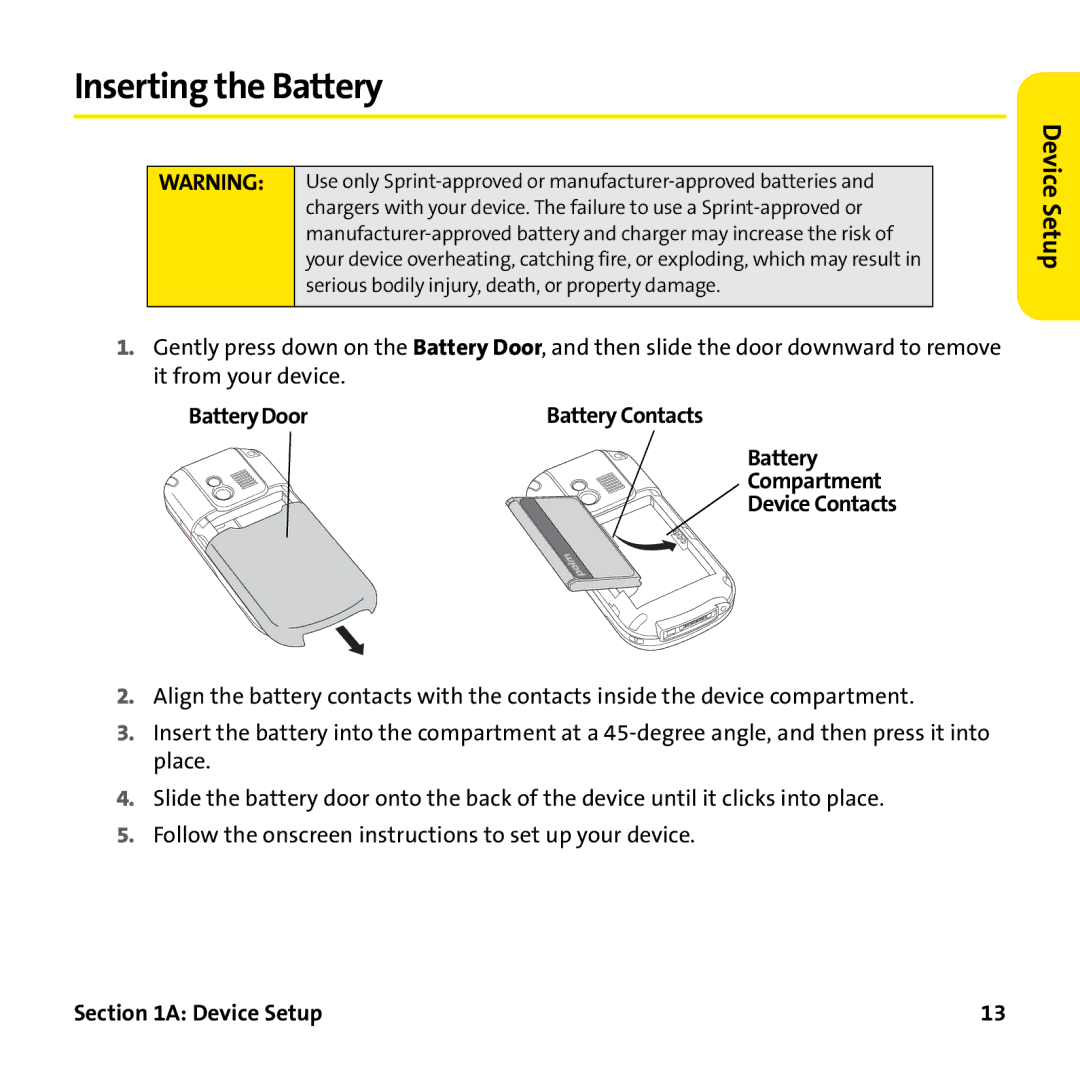 Palm PTR690HKP manual Inserting the Battery, BatteryDoor, Battery Compartment Device Contacts 