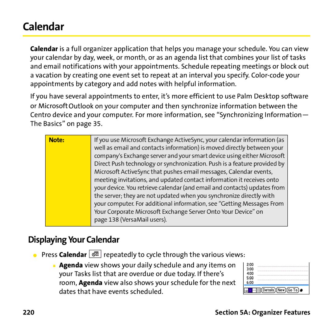 Palm PTR690HKP manual Displaying Your Calendar, 220 