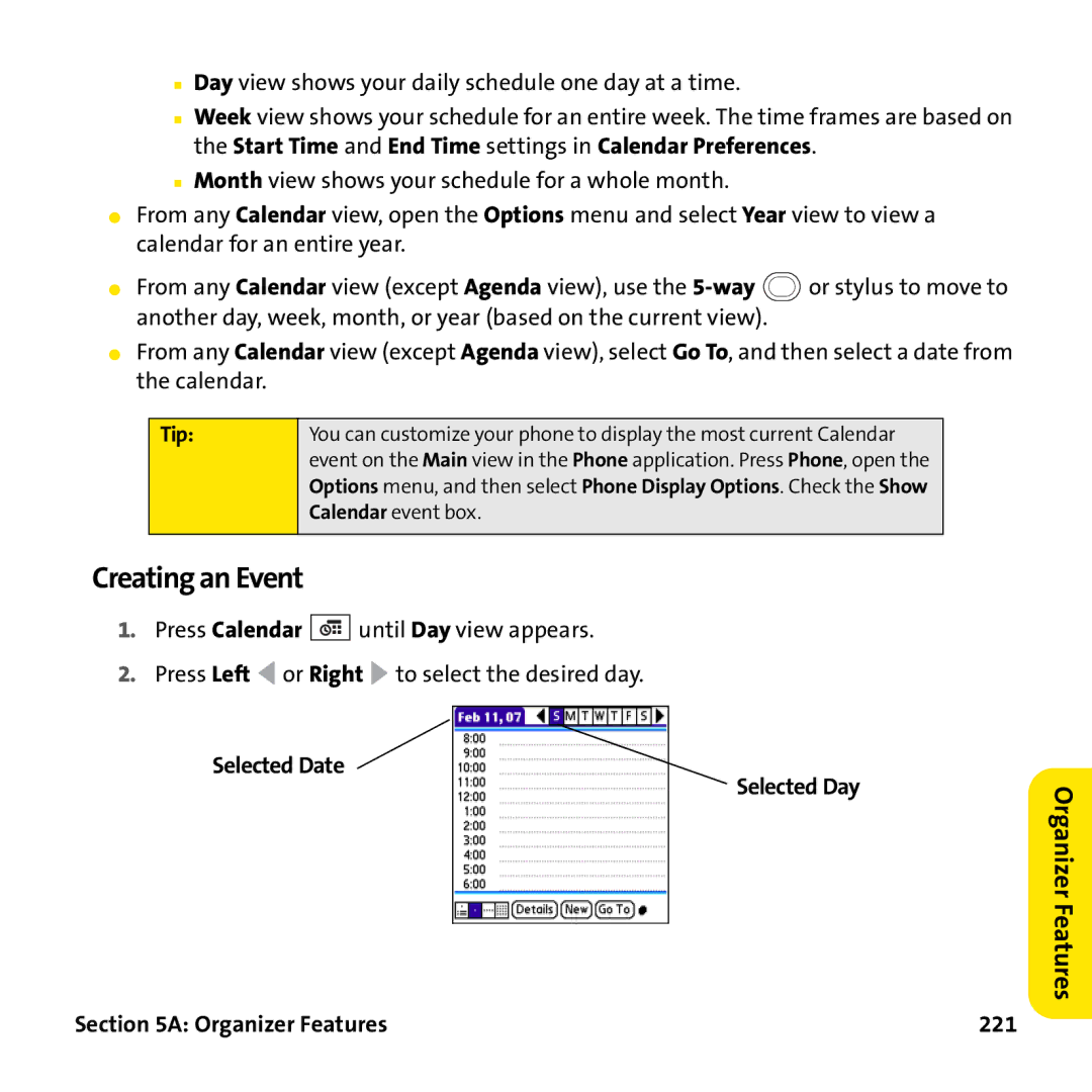 Palm PTR690HKP manual Creating an Event, Selected Date Selected Day, Organizer Features 221 