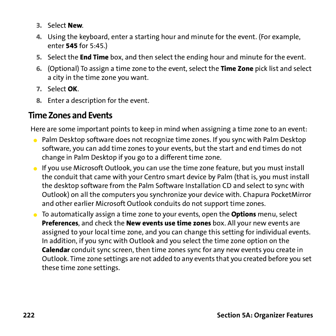 Palm PTR690HKP manual Time Zones and Events, 222 