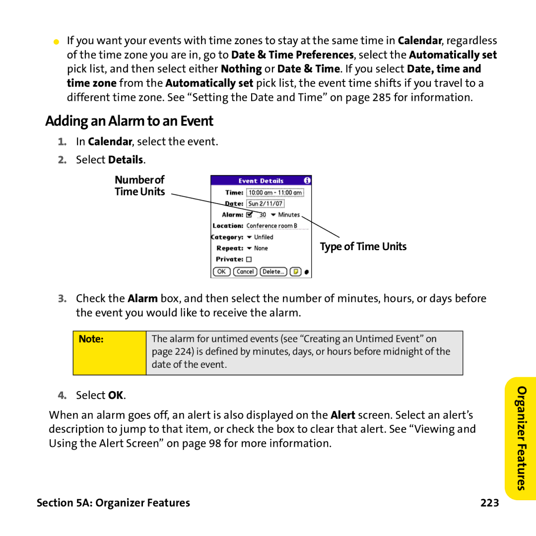 Palm PTR690HKP manual Adding an Alarm to an Event, Numberof Time Units Type of Time Units, Organizer Features 223 