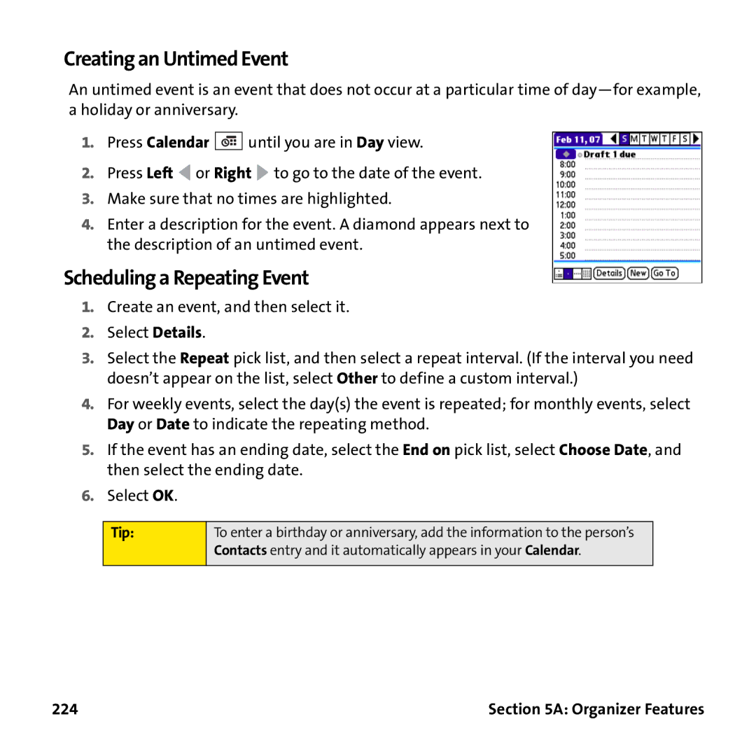 Palm PTR690HKP manual Creating an Untimed Event, Scheduling a Repeating Event, 224 