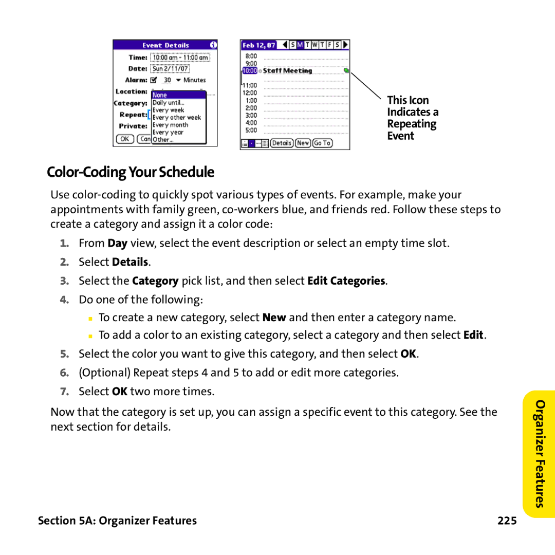 Palm PTR690HKP manual Color-Coding Your Schedule, This Icon Indicates a Repeating Event, Organizer Features 225 