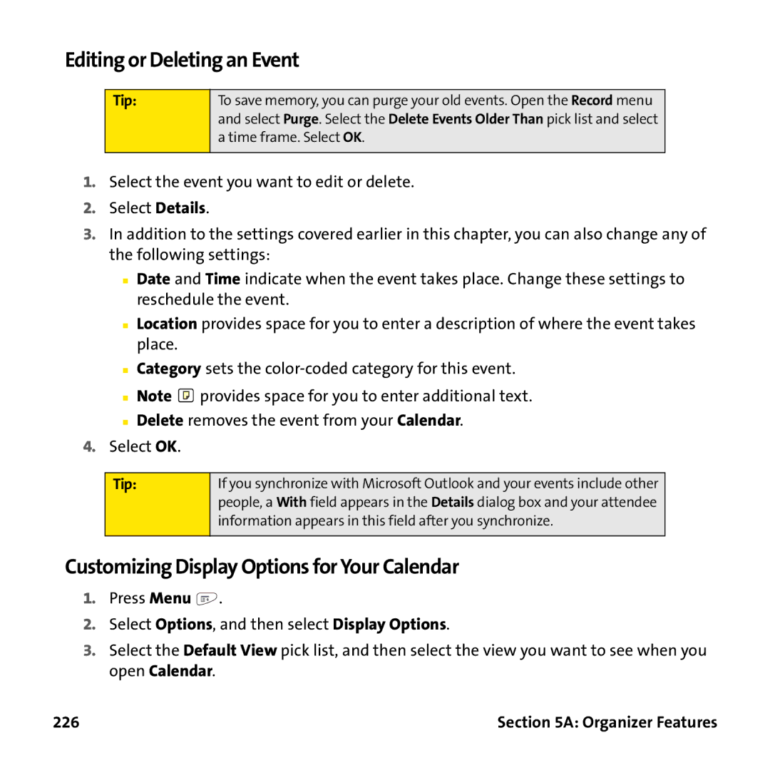 Palm PTR690HKP manual Editing or Deleting an Event, Customizing Display Options for Your Calendar, 226 