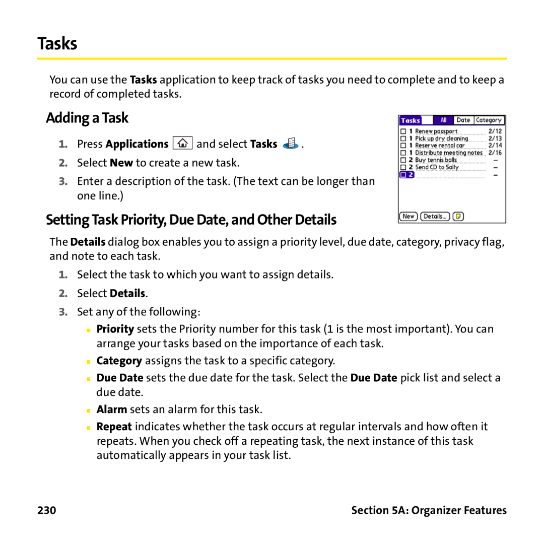 Palm PTR690HKP manual Tasks, Adding a Task, Setting Task Priority, Due Date, and Other Details, 230 