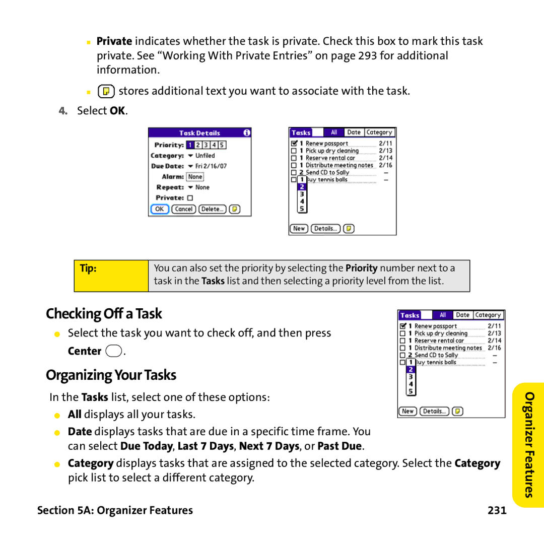 Palm PTR690HKP manual Checking Off a Task, Organizing Your Tasks, Organizer Features 231 