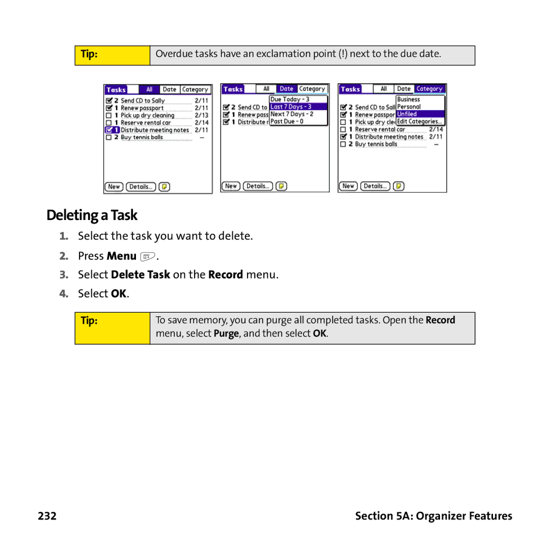 Palm PTR690HKP manual Deleting a Task, 232 