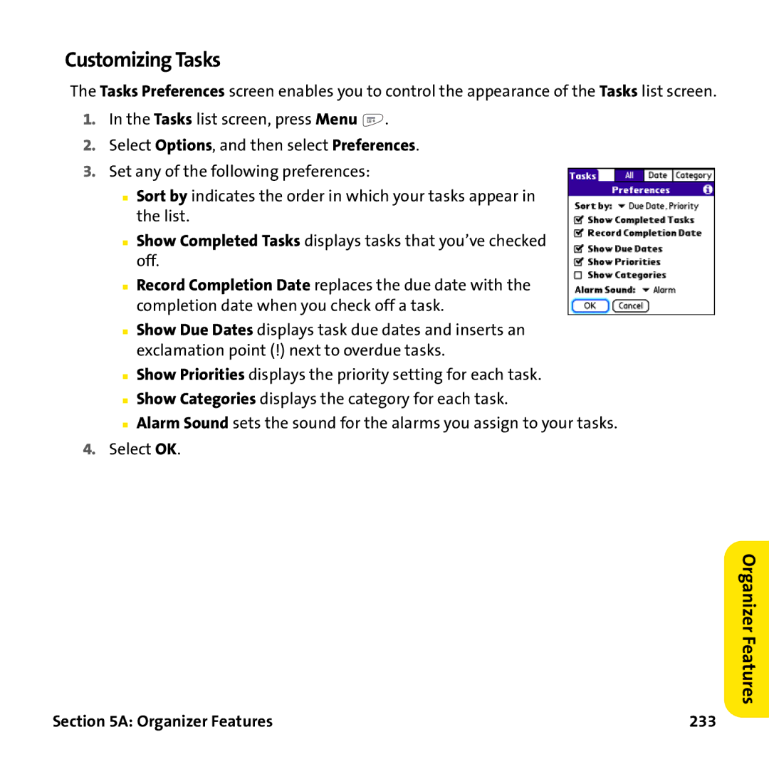 Palm PTR690HKP manual Customizing Tasks, Organizer Features 233 