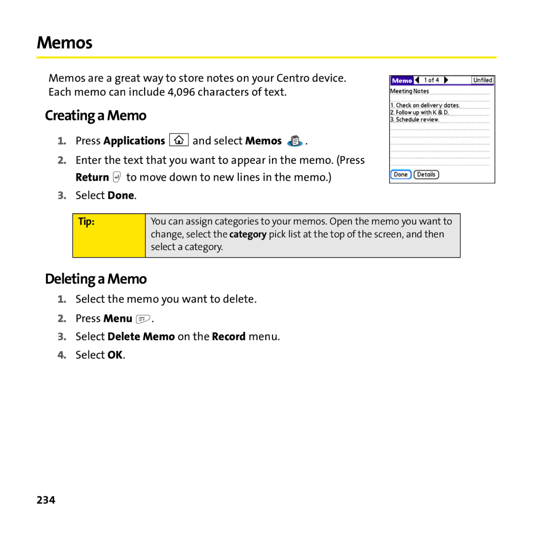 Palm PTR690HKP manual Memos, Creating a Memo, Deleting a Memo, 234 