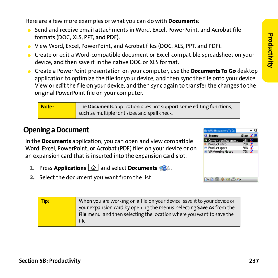 Palm PTR690HKP manual Opening a Document, Press Applications and select Documents, Productivity 237 