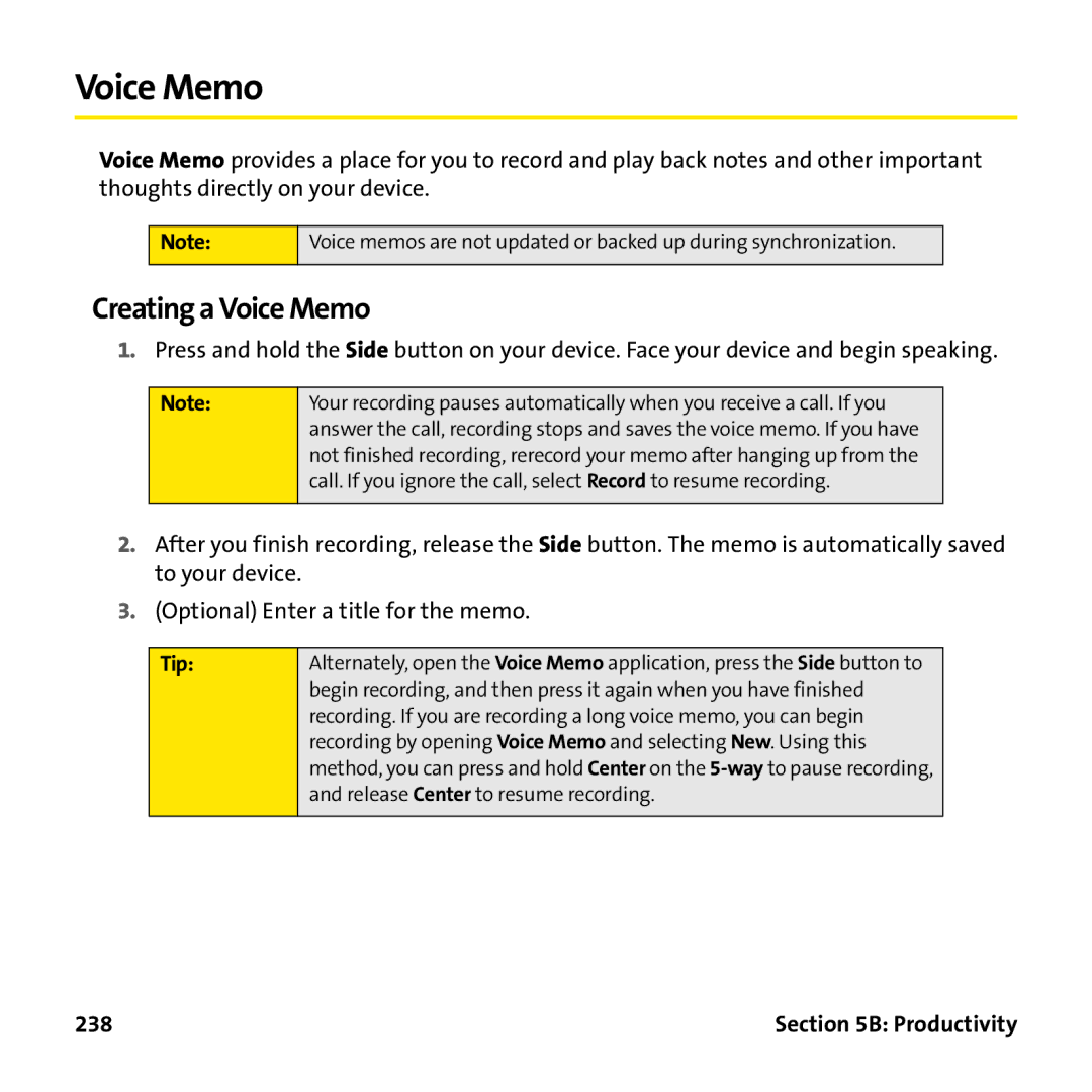 Palm PTR690HKP manual Creating a Voice Memo, 238 